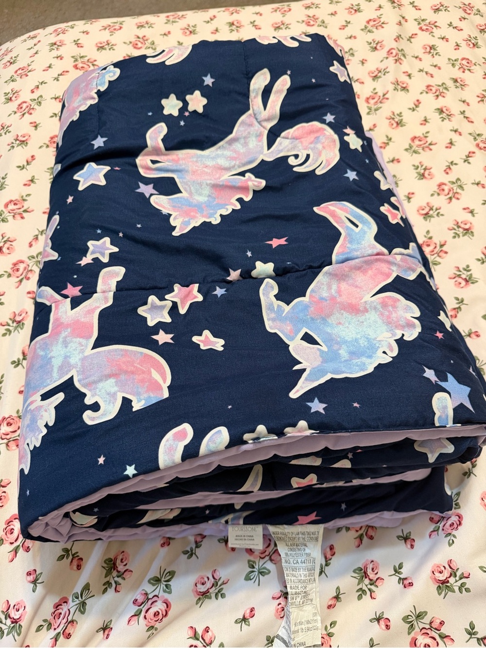 Navy Unicorn Comforter with Pastel Accents